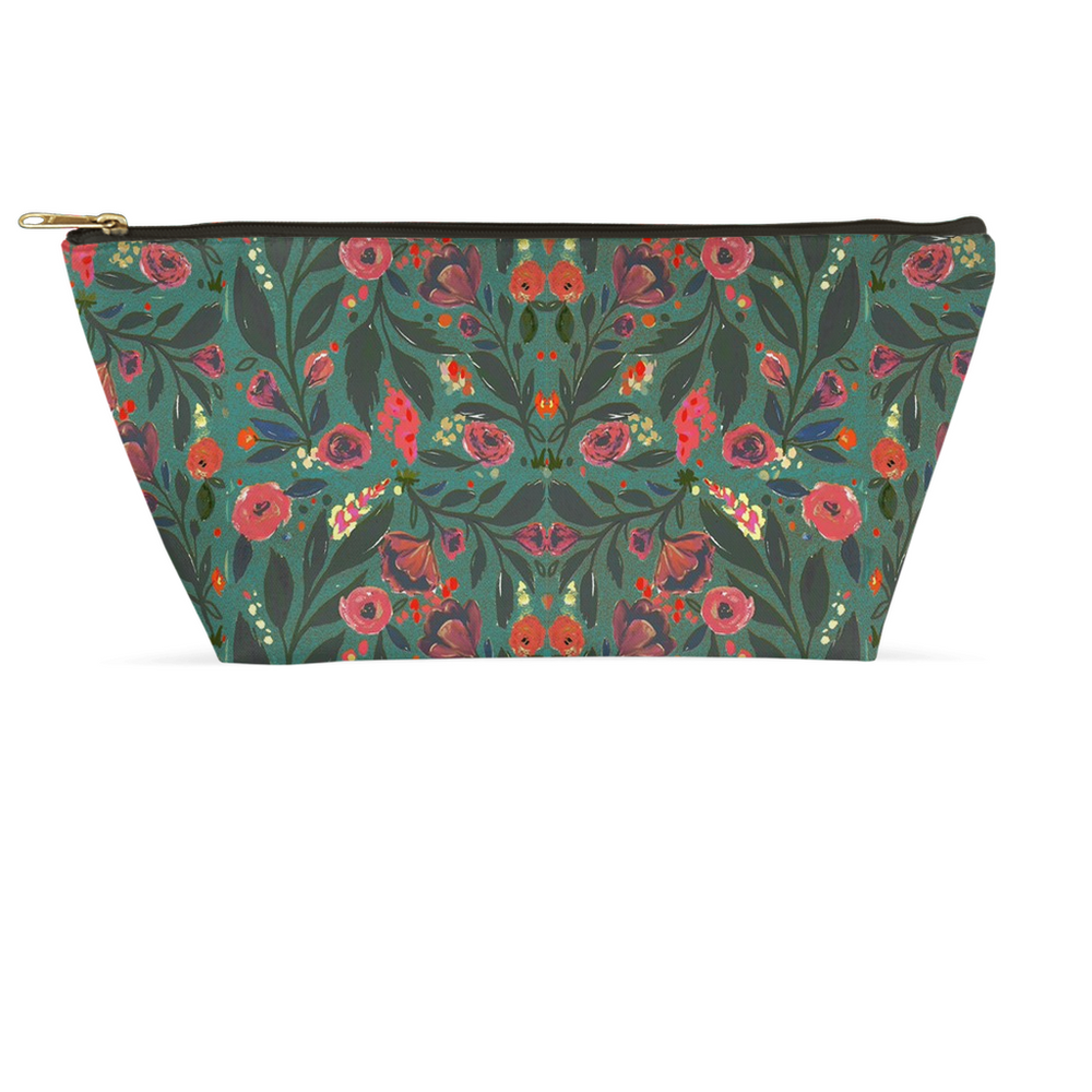T-Bottom Zipper Accessory Pouch - Teal Floral Design (2 sizes)