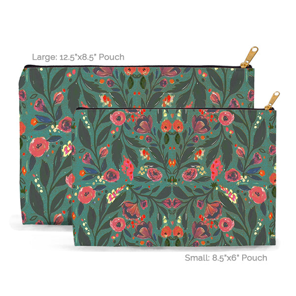 Zipper Accessory Pouch in "Teal Floral" (2 sizes)